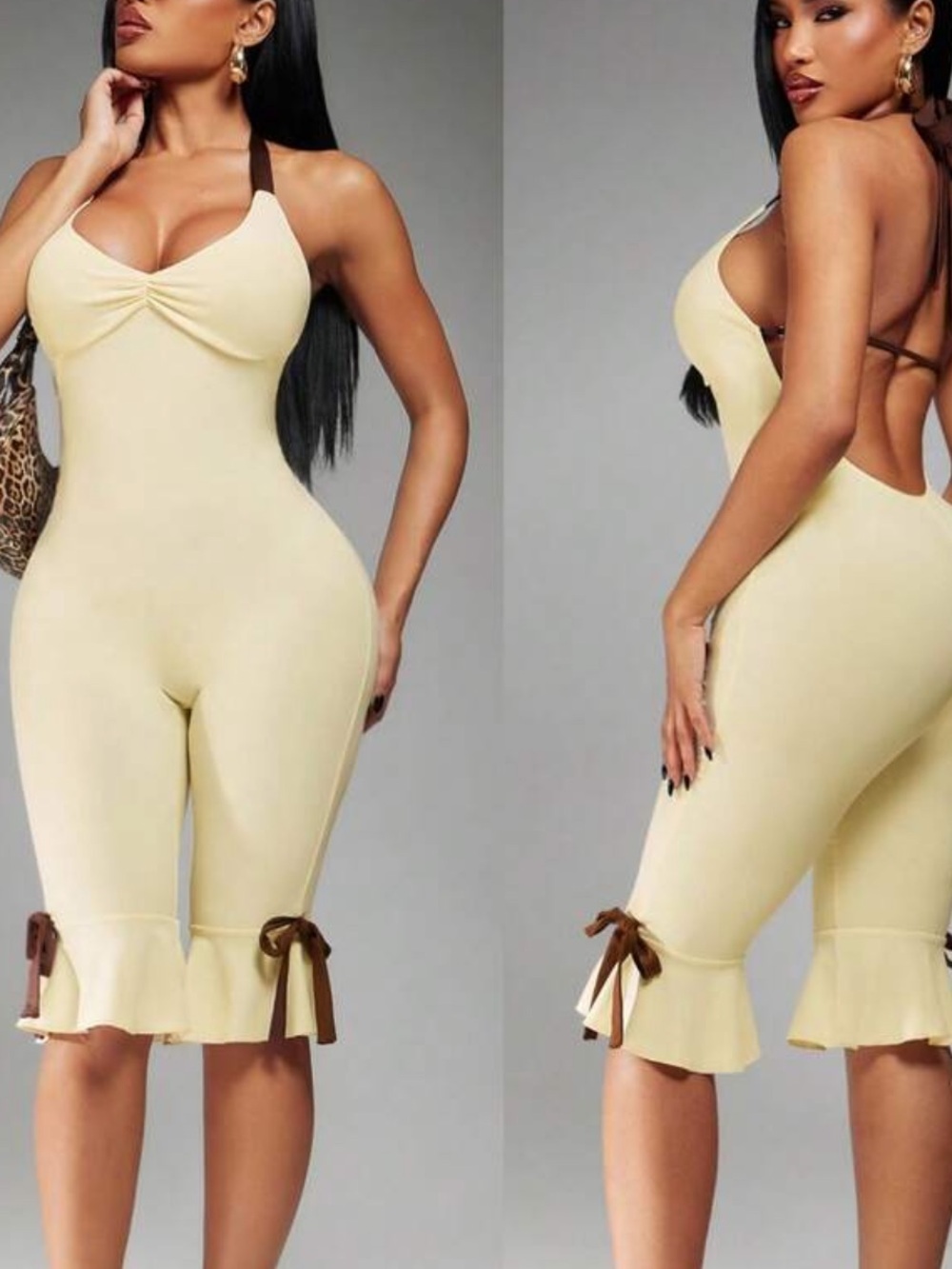 Fashion Nova Light Yellow Halter Ruffle Tie-Detail Jumpsuit